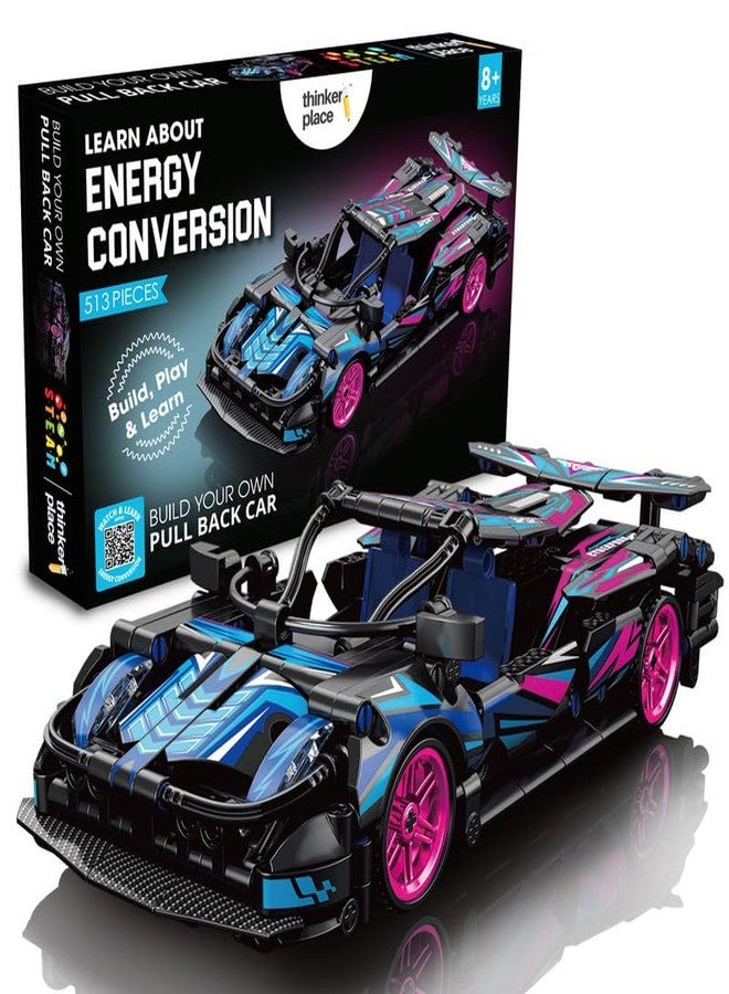 ThinkerPlace 1:18 DIY Blocks Pull-Back Car - Pink & Black | Buildable Construction Toy Car Kit | Friction-Powered Remote-Free Racing Vehicle for Kids | Educational STEM Toy for Boys & Girls - Image 1